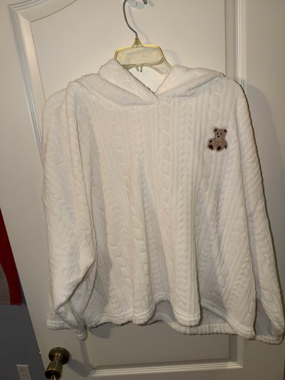 Cozy White Cable-Knit Hooded Pullover with Teddy Patch